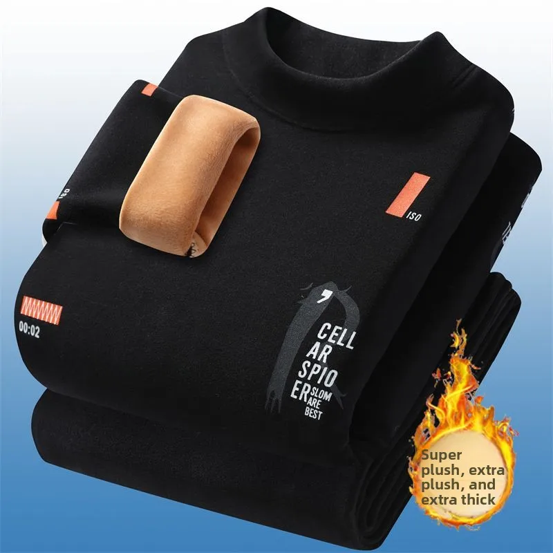 남성용 보온 내의 플리스 두꺼운 세트 겨울 중간 높이 목 독일산 플리스 청소년용 롱존스 바텀 코튼 스웨터