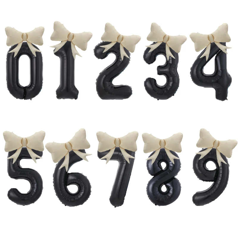 40inch Cream Number Balloons with Bow Foil Balloon 1 2 3 4 5 Black and White Bowtie Balloon for Birthday Baby Shower Party Decor