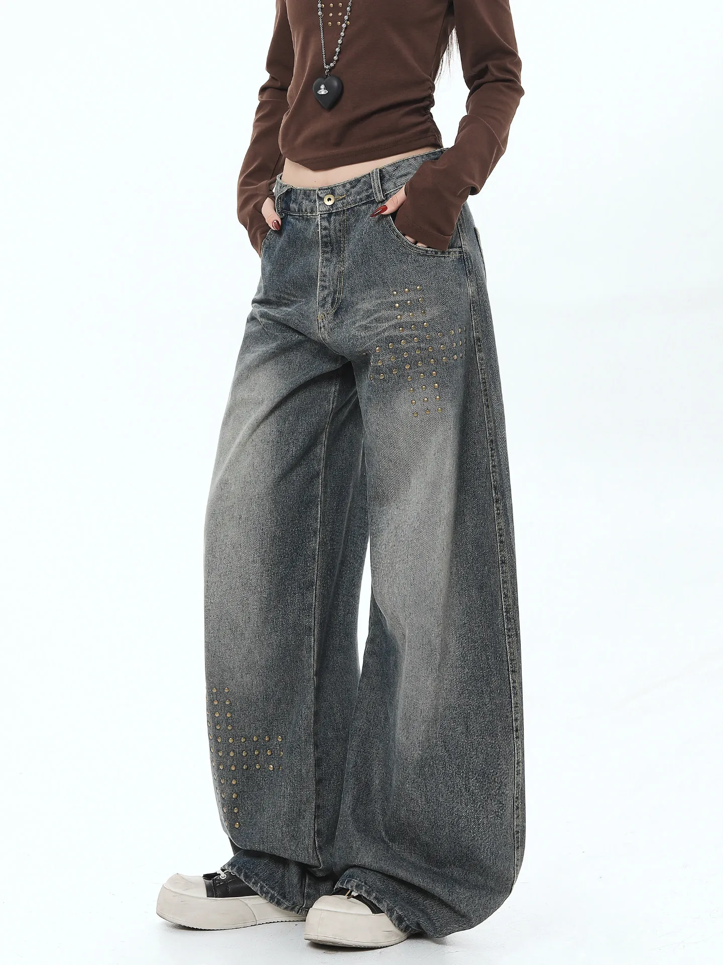 

Женские джинсы в стиле ретро с заклепками, весенняя коллекция, свободные повседневные прямые брюки с широкими штанинами, в университетском стиле