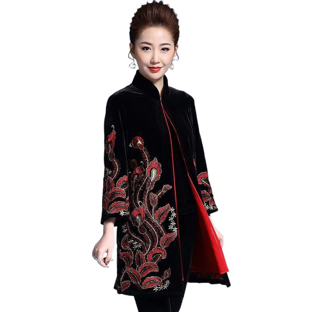 

Middle Aged Women Medium Long Mother's Chinese National Embroidered Coat Velvet Embroidery Winter Plus Size Beautilful Overcoat