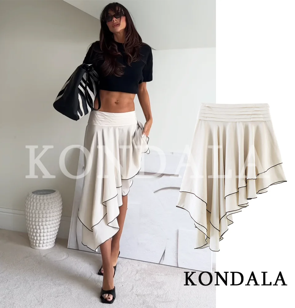 KONDALA Women Elegant Asymmetrical Short Skirt Holidays Casual 2026 Spring Summer New Fashion Skirt Lady Laminated Ruffled Skirt