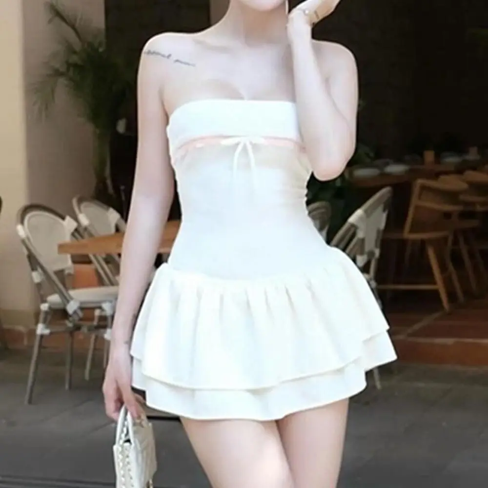 Bowknot Strapless Dress Fashion Contrast Color Stitching Short Skirt Slim Waist Ruffle Tube Dress