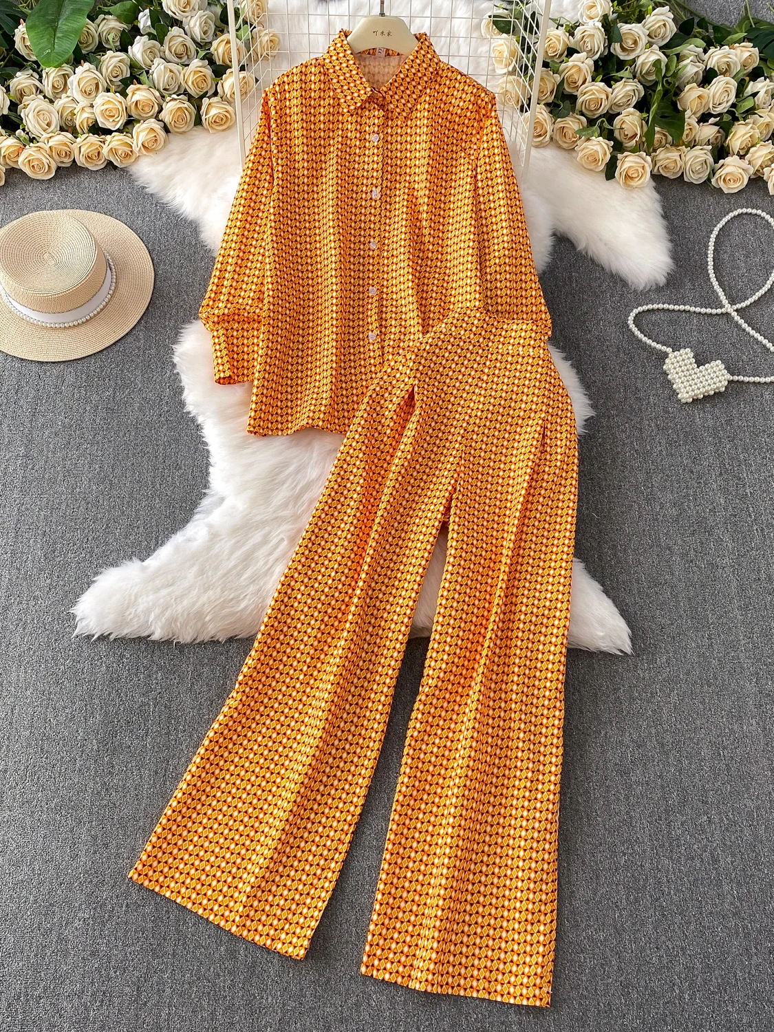 

Summer Vaion Sle Orange Floral Print Long Sve Collar irt High Waist Wide Leg Pants Women's Faion Set Casual ...