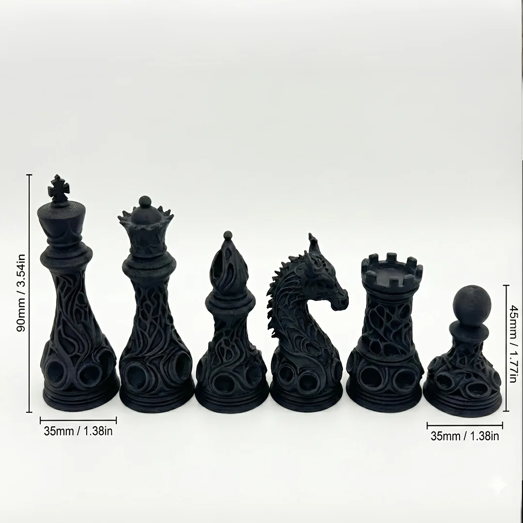 32-teiliges 3D-gedrucktes Schachspiel im Gothic Revival Stil, Schwarz-Weiß, aus Kunststoff | Sci-Fi keltisches gewebtes Kunstwerk mit Drachenmuster – Detail 3