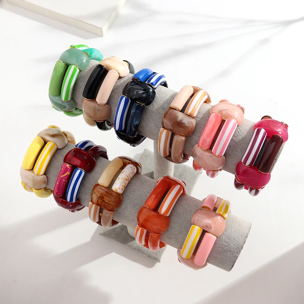 Exklusive bunte doppellagige Acryl-Armbänder für Damen, Harz-Armreifen mit gebogenem Rohr, modischer Schmuck, Geschenk – Detail 4