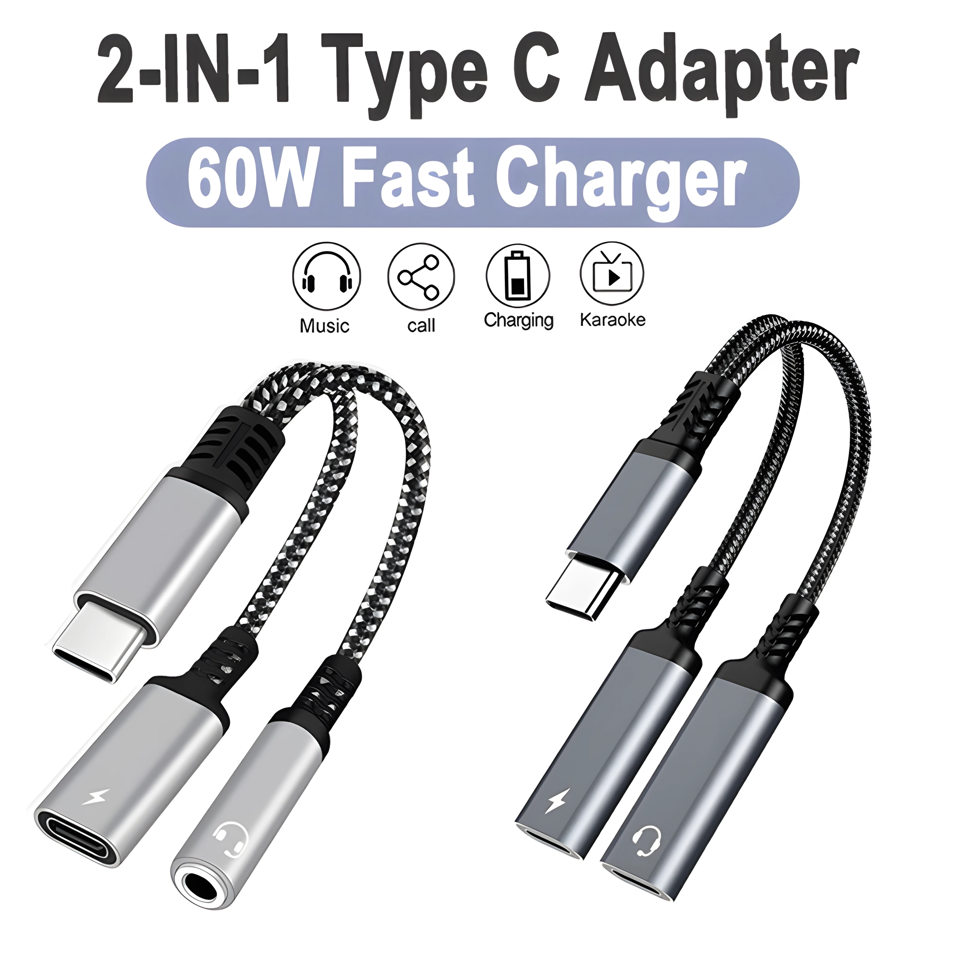 2 IN 1 3.5mm Audio Cable USB C Type C Splitter To Dual Type USB C Audio Headphone For iPhone 15 Samsung Huawei 60W Fast Charging