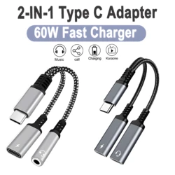 Cavo Audio 2 IN 1 da 3.5mm USB C tipo C Splitter per cuffie Audio USB C di tipo doppio per iPhone 15 Samsung Huawei 60W ricarica rapida