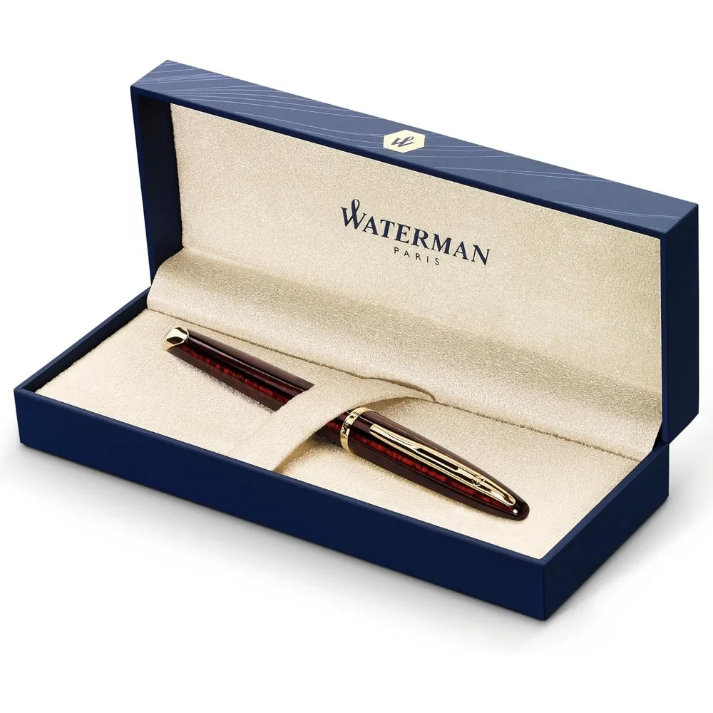 

Waterman Carène Marine Amber Fountain Pen in Glossy Brown and Black with 23k Gold Clip, Medium Nib, and Blue Ink