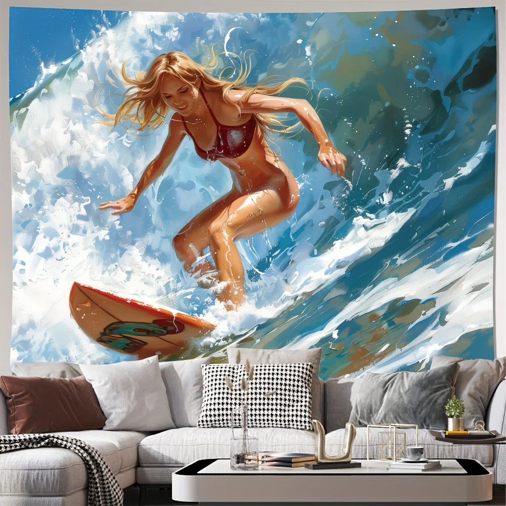 High Quality Surfer Wave Tapestry Wall Hanging Boho Beach Ocean Decor Polyester Tropical Coastal Art Print for Home Living Room