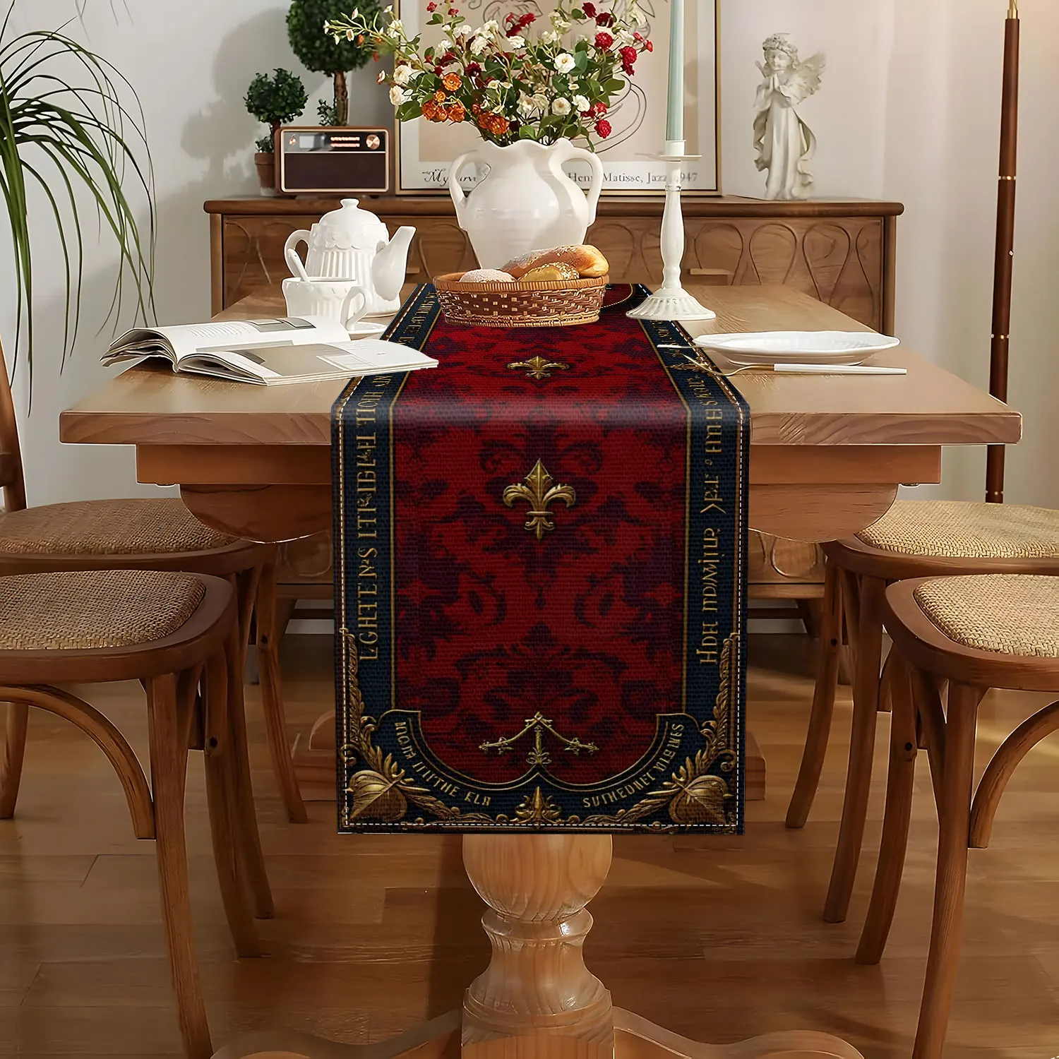 1 Piece of Retro European Heraldic Theme Table Runner, Red Background with Gold Patterns and Heraldic Patterns, Suitable for European Palace Theme Parties, Retro Luxury Restaurant Decorations, Medieval Cultural Events, Castle Style B&B Rooms, Art Exhibition Arrangements, Classy Business Banquets, European Style Home Displays, Historical and Cultural Theme Parties
