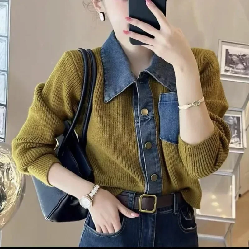 2024 New Design Unique Denim Patchwork Polo Neck Cardigan Women's Autumn and Winter Sweater Small Shirt Slim Long-sleeved Top