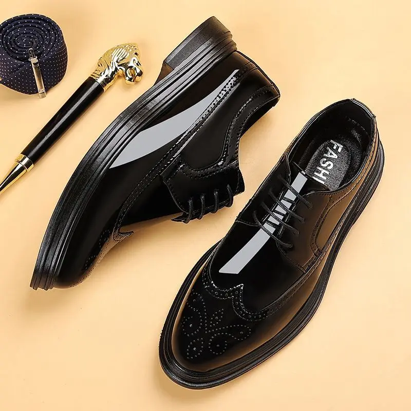 Men Brogue Leather Dress Shoes Height Increasing Lace Up Large Size Business Wedding Work Footwear