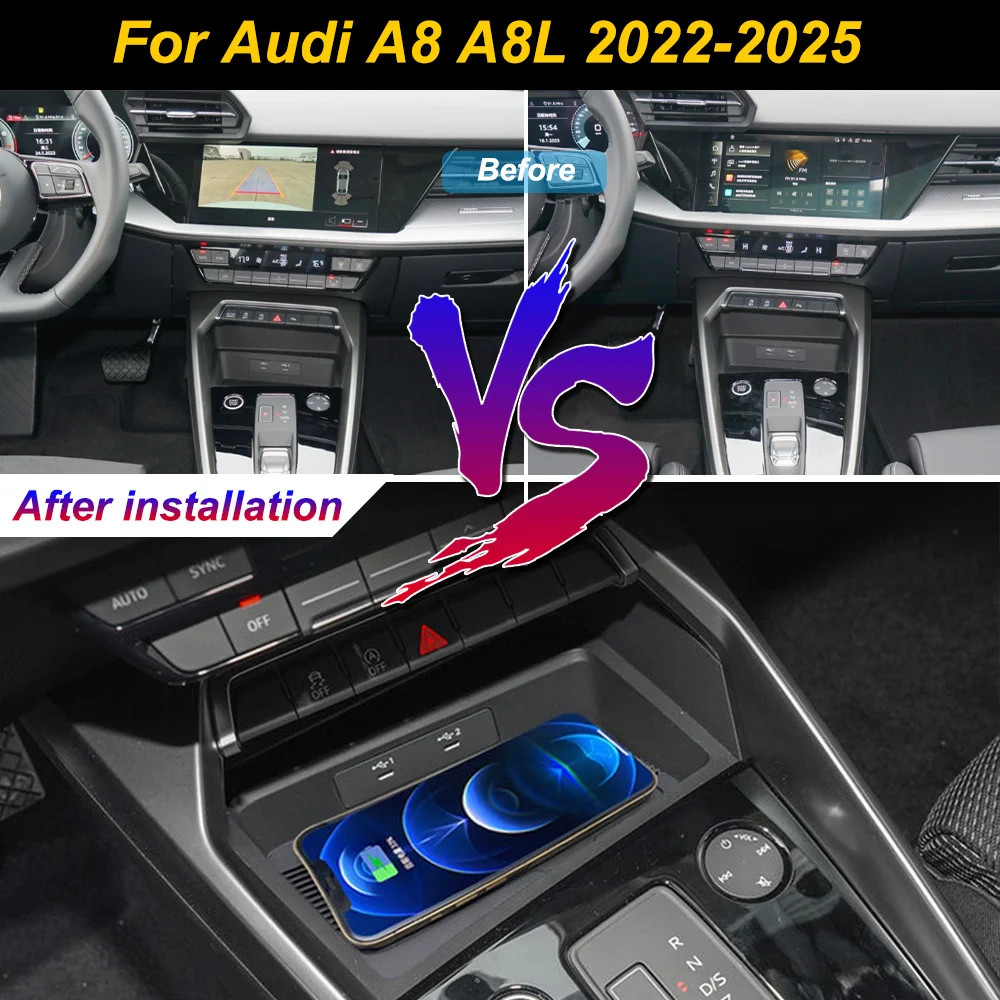 

2 Din for Audi A3 A3L 2021-2024 Car Wireless Mobile Phone Charger Center Console Storage 18W iPhone fast charge plate holder