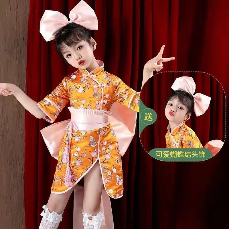 Little Girls Modified Cheongsam Dress Children's Chinoiserie Tang Dress Cute Catwalk Chinese Chic Mid Dress Performance Costume