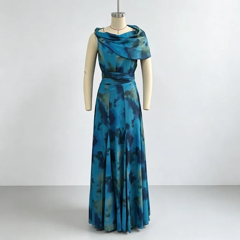 Elegant Blue Ombre Tie-dye Printed Off Shoulder Maxi Dress Satin Cowl Neck Tie Draped Dresses Party Wedding Luxury Evening Gowns