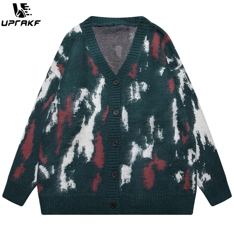 UPRAKF Gradient Dyed Cardigan Sweater Loose Long Sleeves Fashion V Neck Trendy Pullovers Vintage