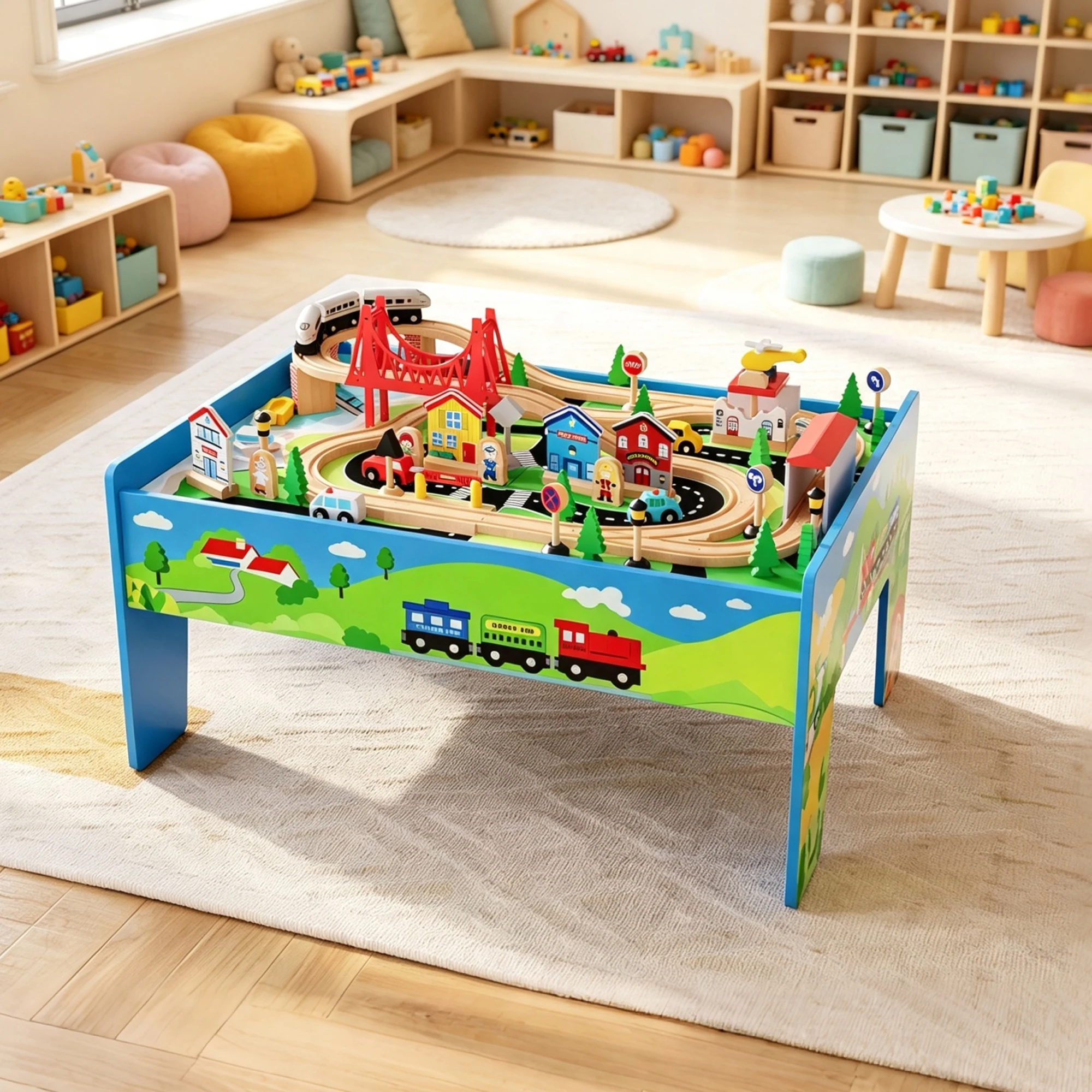 Kids Art Easel - 78PCS 4-in-1 Wooden Train Table Set