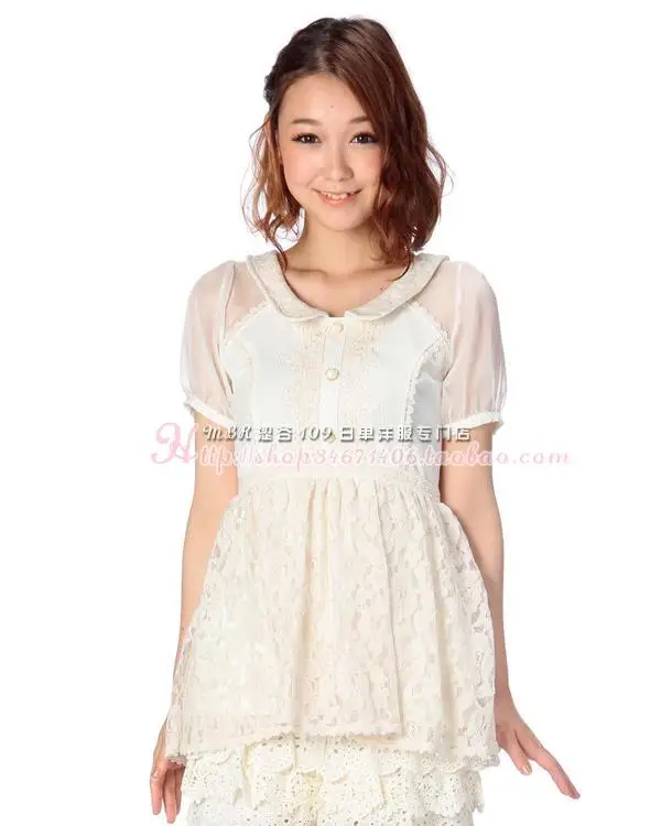 

Sales Japan LIZ LISA Chiffon Lace Knitting Belt Hollow Out Embroidery Short Sleeve One Piece Mini Dress