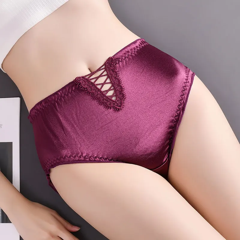 Sexy Hollow Lace Women Middle Waist Underwear High Elasticity Mesh Transparent Panties Satin Smooth Breathable Seamless Breifs