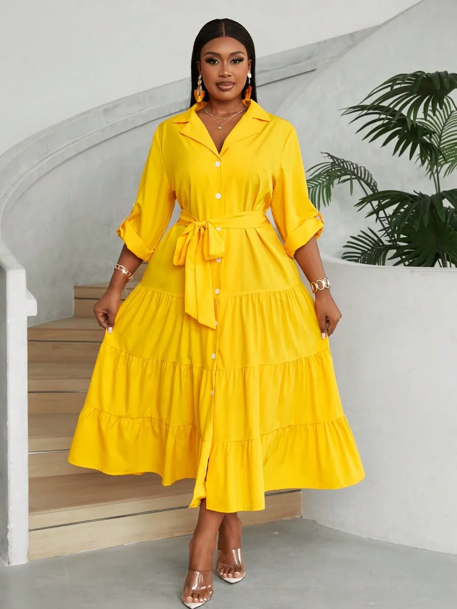 

Plus Size Women Elegant V-Neck Button Front Long Sleeve Belted Tiered Ruffle Hem Maxi Dress