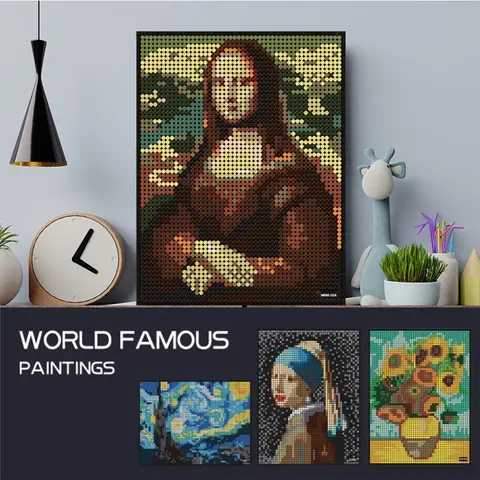 세계적으로 유명한 그림 빌딩 블록 진주 귀걸이와 별이 빛나는 해바라기 소녀 벽돌 장난감 그림 장식 선물