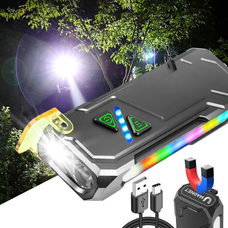 Multifunctional Waterproof Aluminum Flashlight Super Bright RGB Rechargeable Magnetic Work Light Outdoor Camping Long Range