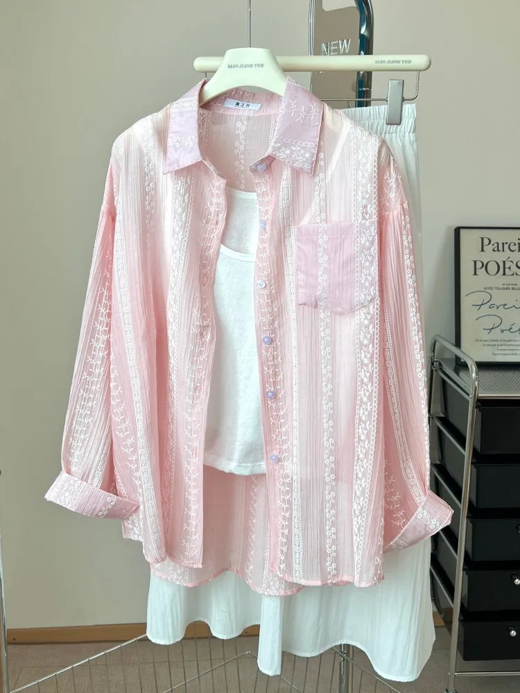 

See Through Sun Proof Shirt Women Loose Sweet Long Sleeve Elegant Blouse Sexy Fashion Female Summer Chic Korean Tops New