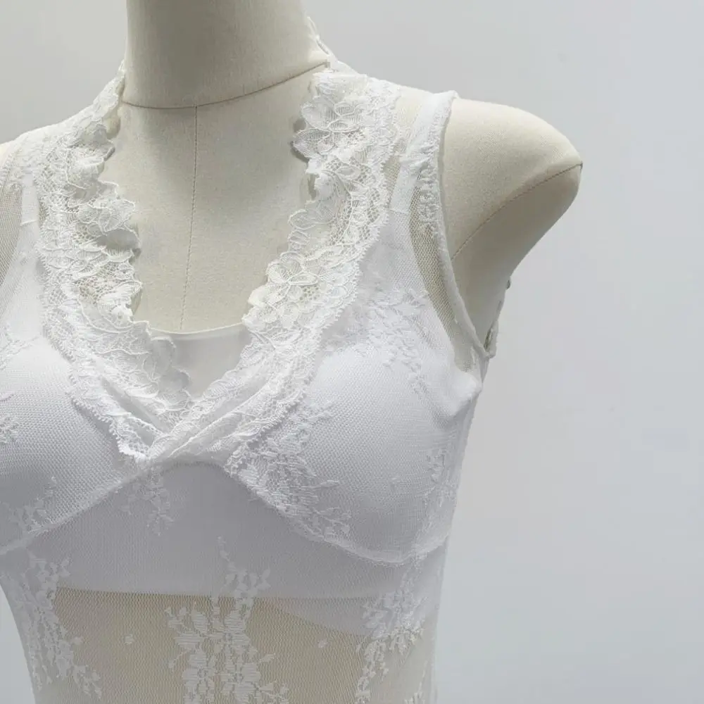 Korean Style V Neck Lace Base Shirt Hollow Out Sleeveless Lace Mesh Vest Transparent See Through Crop Top Spring Summer