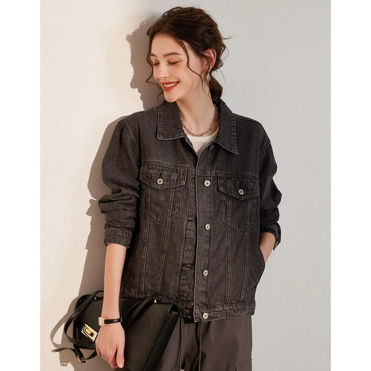 

LOUIS YAO 2025 Spring Autumn Vintage Distressed Jacket Oversize Denim Jacket Lapel Loose Boyfriend Style Women's Jacket