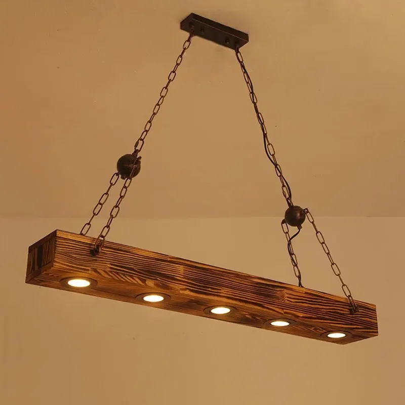 

American Retro Wooden Pendent Lights Long Strip Hanging Lamps Restaurant Living Room Industrial Style Led Spotlight Chandelier