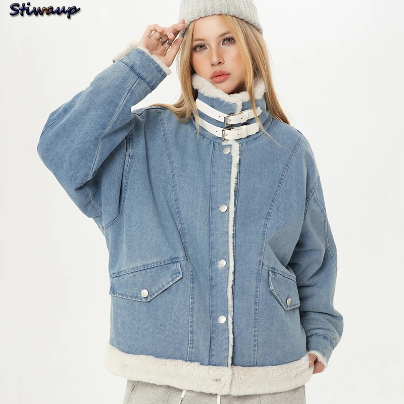 Women\'s Winter Parka Clothes Sale Blue Plush Lady Short Denim Jackets Winter Clothes Women 2024 New in Coats for Women Deals