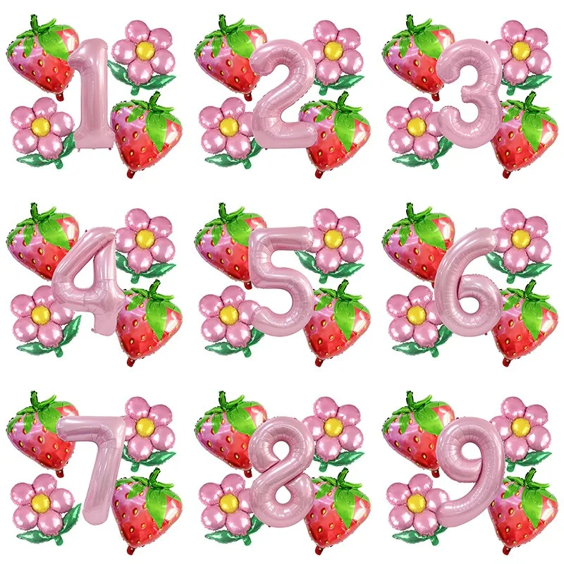 

Pink Strawberry Theme Balloon Hawaiian Flower Strawberry Digital Balloon Set Kids Girls Happy 1st 2nd 3rd Birthday Party Decor