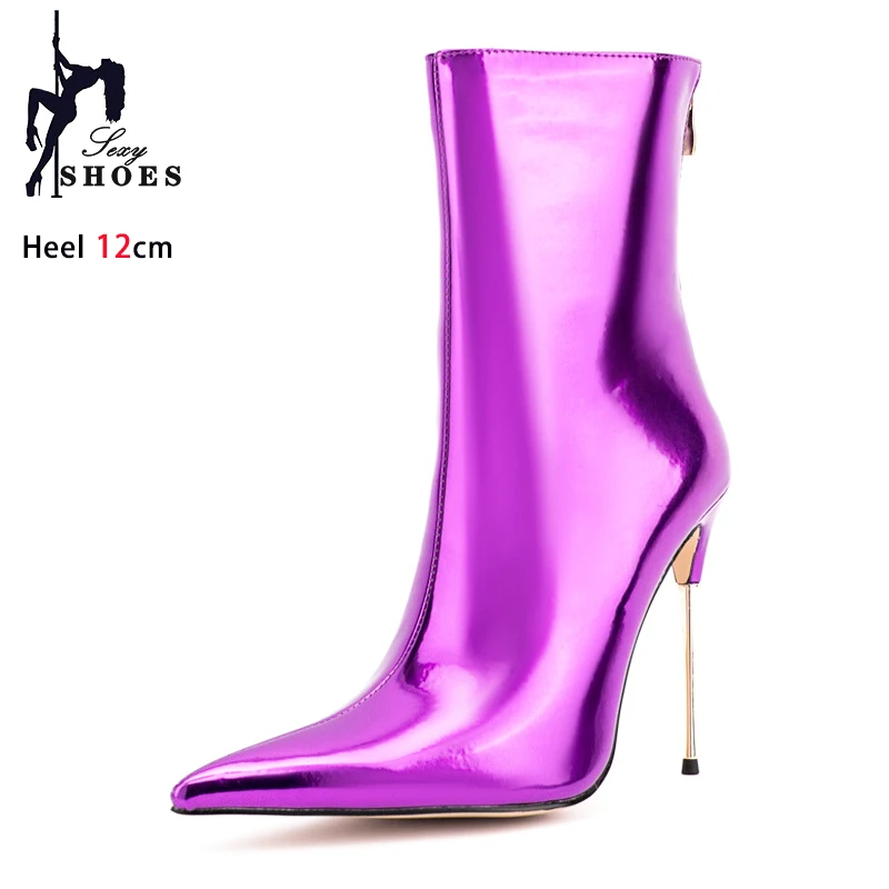 Ankle Boots For Women 12CM Stiletto Glossy Leather Stage Shoes Rear Zipper Pointed Toe High Heel Short Boots Big Size 44 45 46　