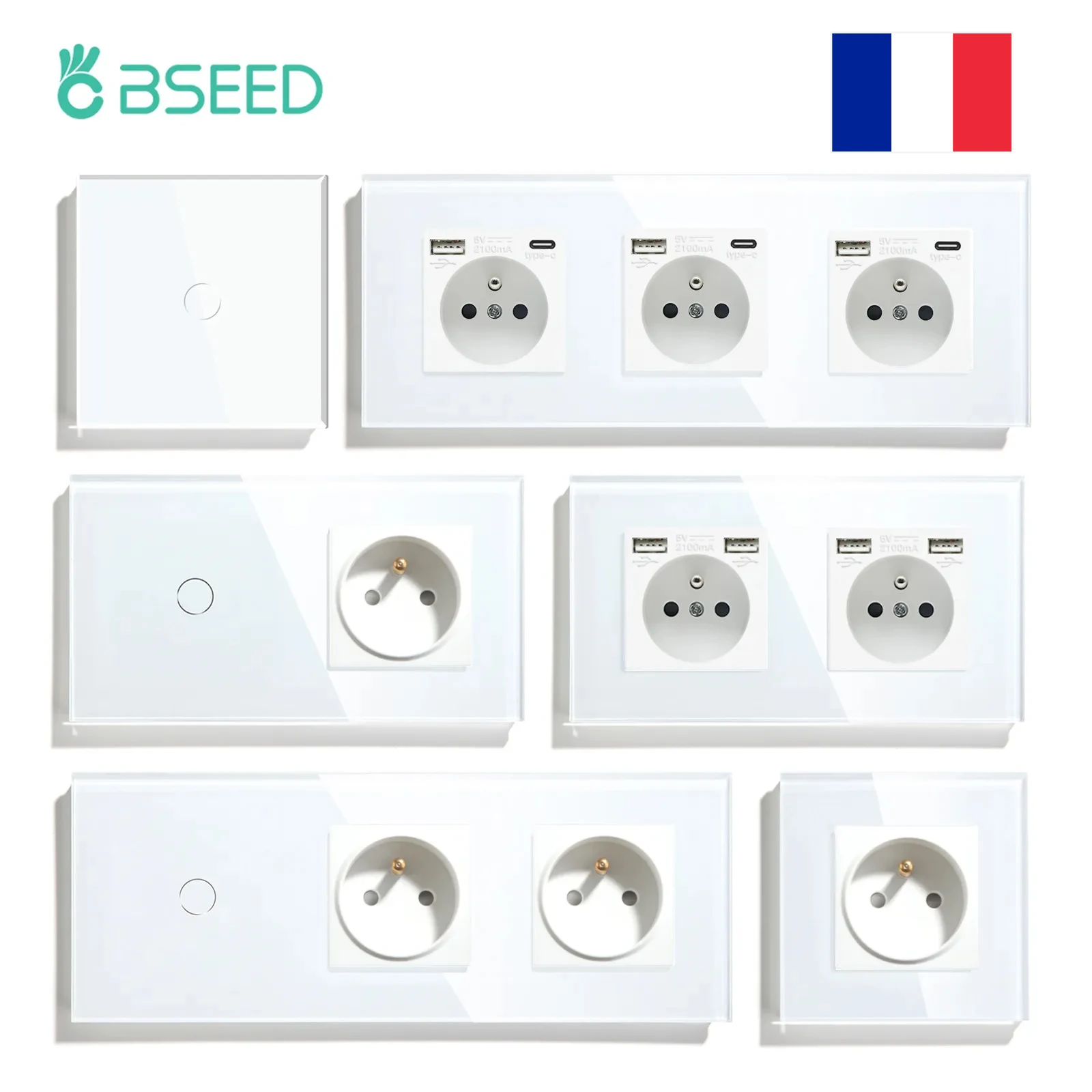 BSEED Touch Switch French Wall Socket Led Wall Light Switches 1/2/3Gang 1Way Glass Backlight Phone Charge USB France Sockets