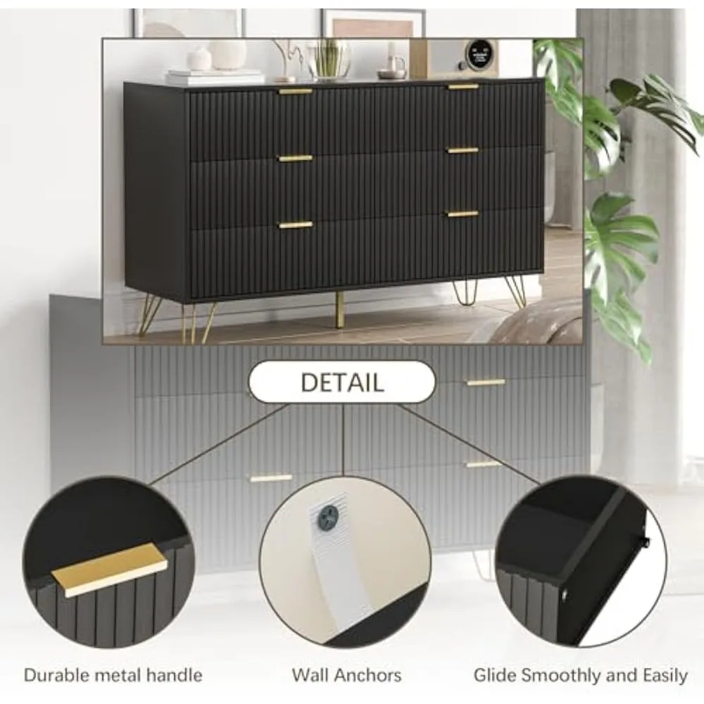 Black dresser, modern dresser for bedroom, 6-drawer dresser, wide drawer and gold handles, drawer locker