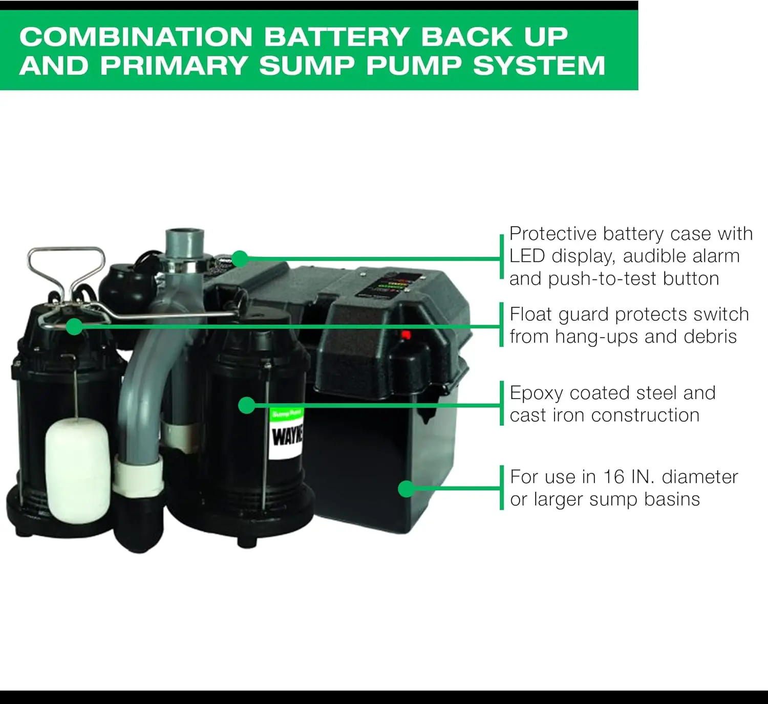 WAYNE - 1/2 HP Basement [Sump] [Pump] System with Integrated Vertical Float Switch and 12 Volt [Battery] Back Up Capability