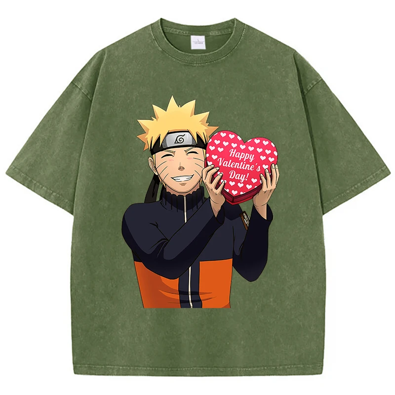 うずまき ナルト Uzumaki Naruto Happy Valentine Day T-Shirts Women Summer American Retro Cotton Loose Short T-Shirt Comics High Street