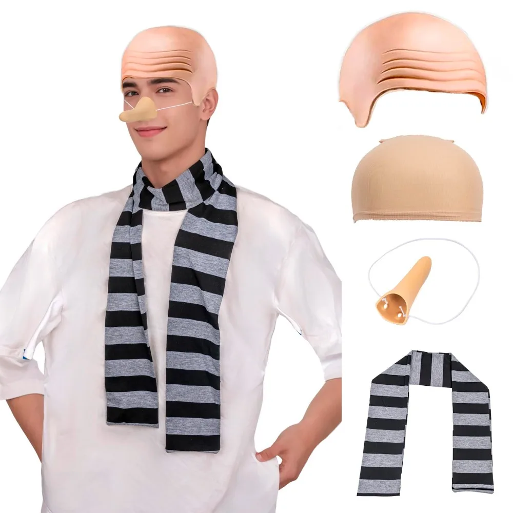 

4pcs Despicable Me Gru Cos Kits Fake Nose Black Gray Striped Scarf Halloween Costume Accessories Bald Cap Cosplay Set for Adult