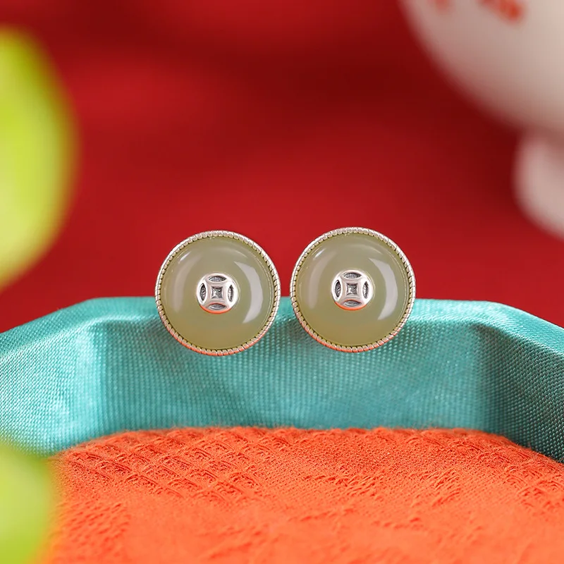 Natural Hetian S925 Sterling Peace Coin Round Jade Silver Earrings