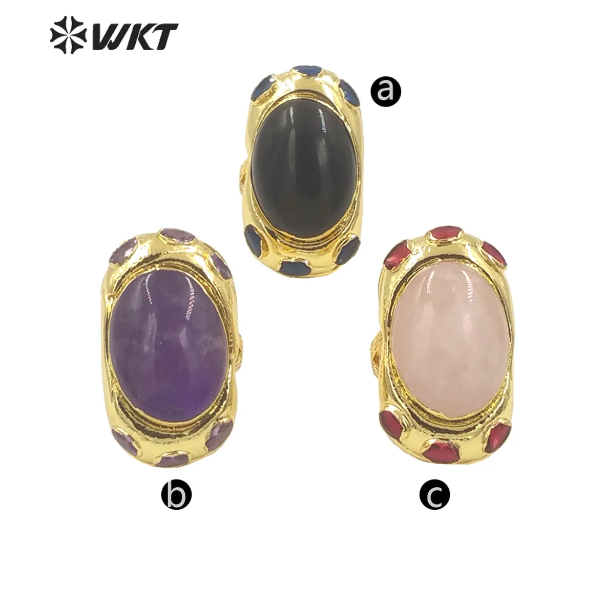 WT-R501 Beautiful Colored Gemstone Black Obsidian And Amethyst Stone With Cubic Zircon Paved Decent Rings Accessories For Women