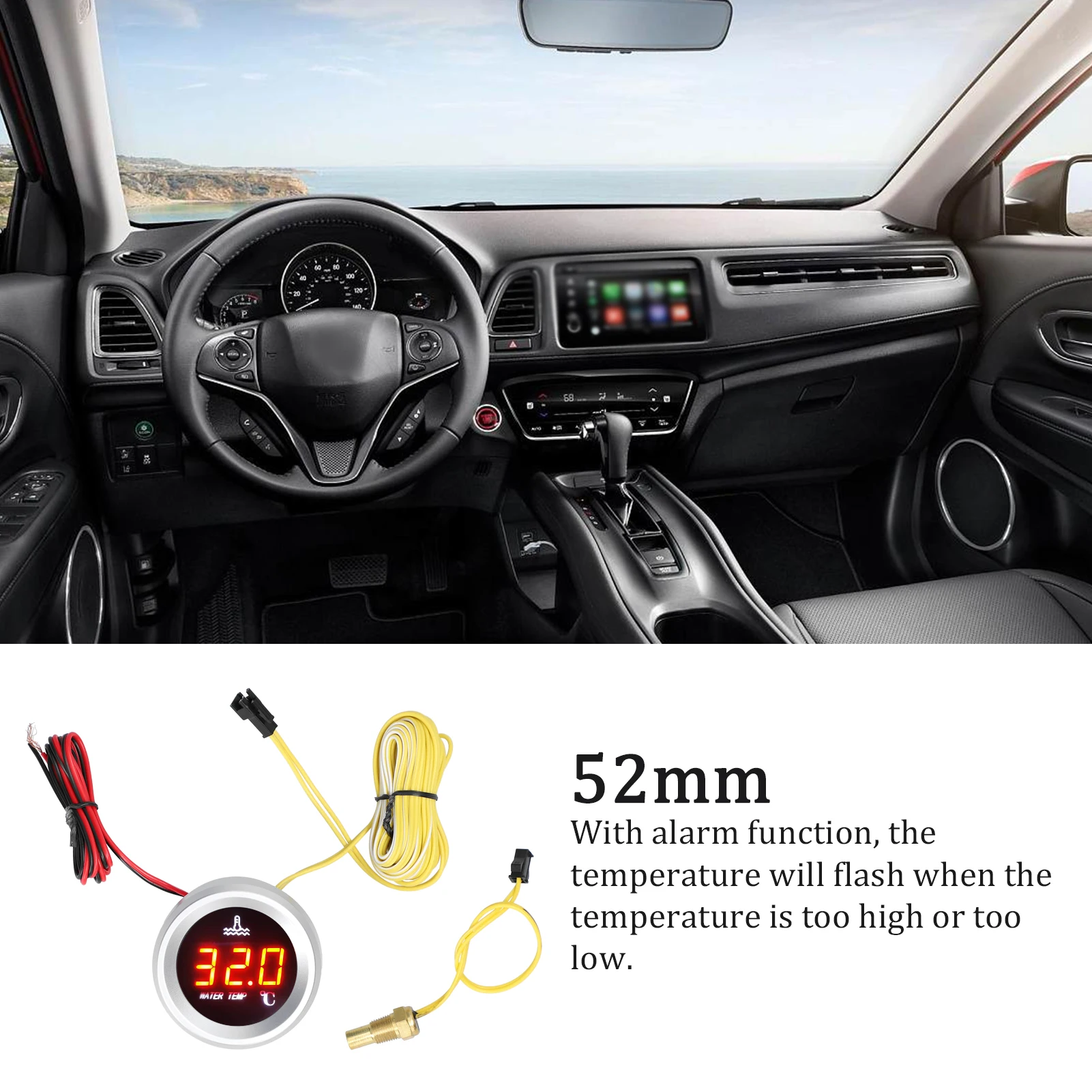 52mm Water Temperature Gauge Car Digital Meter LED Display 9-36V with Temperature Sensor Alarm Function