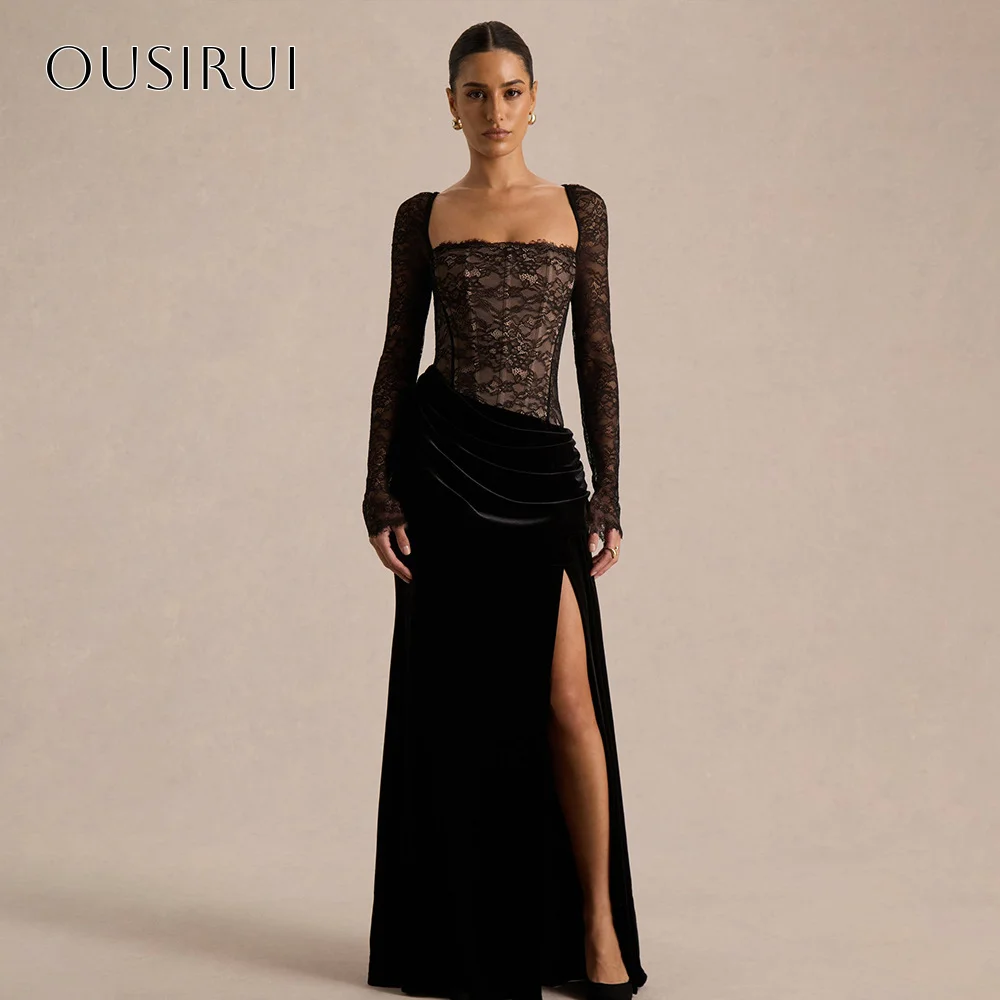 

Velvet Sheath Evening Dress Lace Long Sleeves Split Floor Length Party Gown Customized свадебное платье