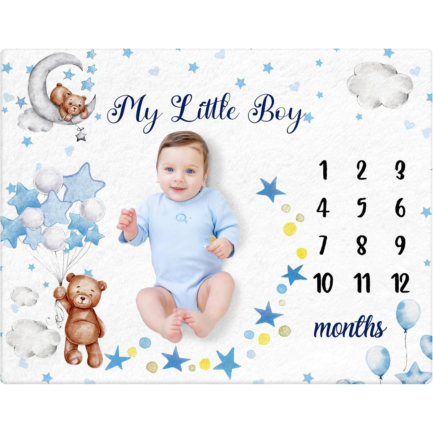 Sleeping Bear Monthly Baby Milestone Blanket Bear Star Balloon Flannel Blanket Boy Newborn Infant Swaddle Growth Baby Frame