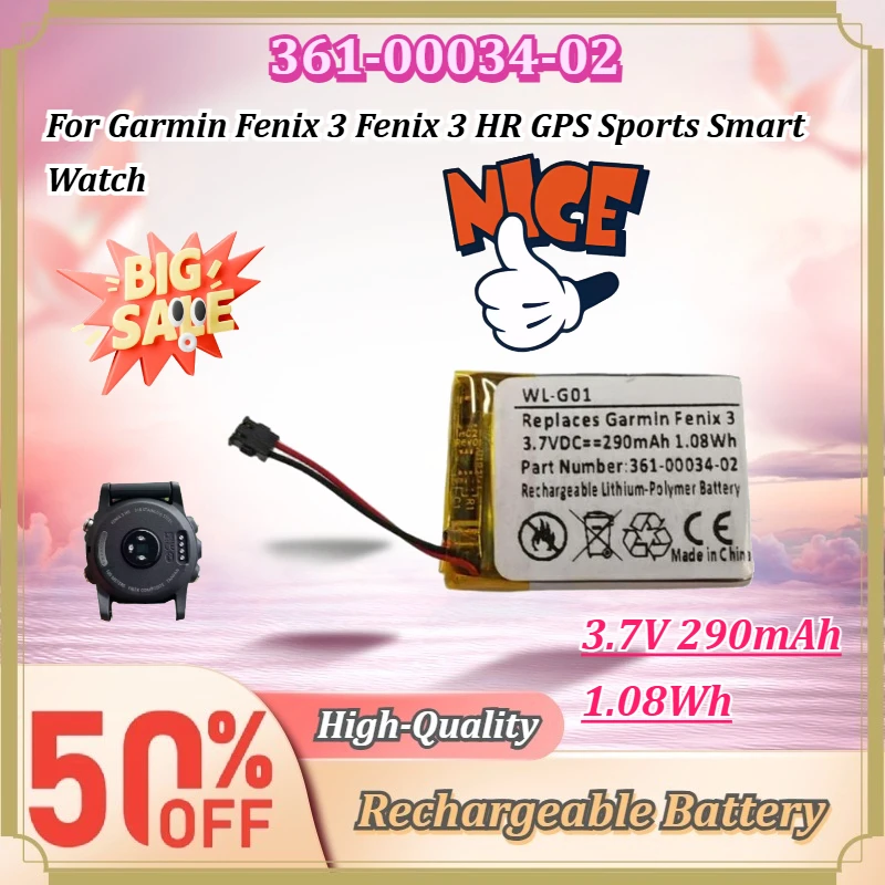 For Garmin Fenix 3 Fenix 3 HR GPS Sports Smart Watch 361-00034-02 3.7V 290mAh 1.08Wh Premium Rechargeable Replacement Battery