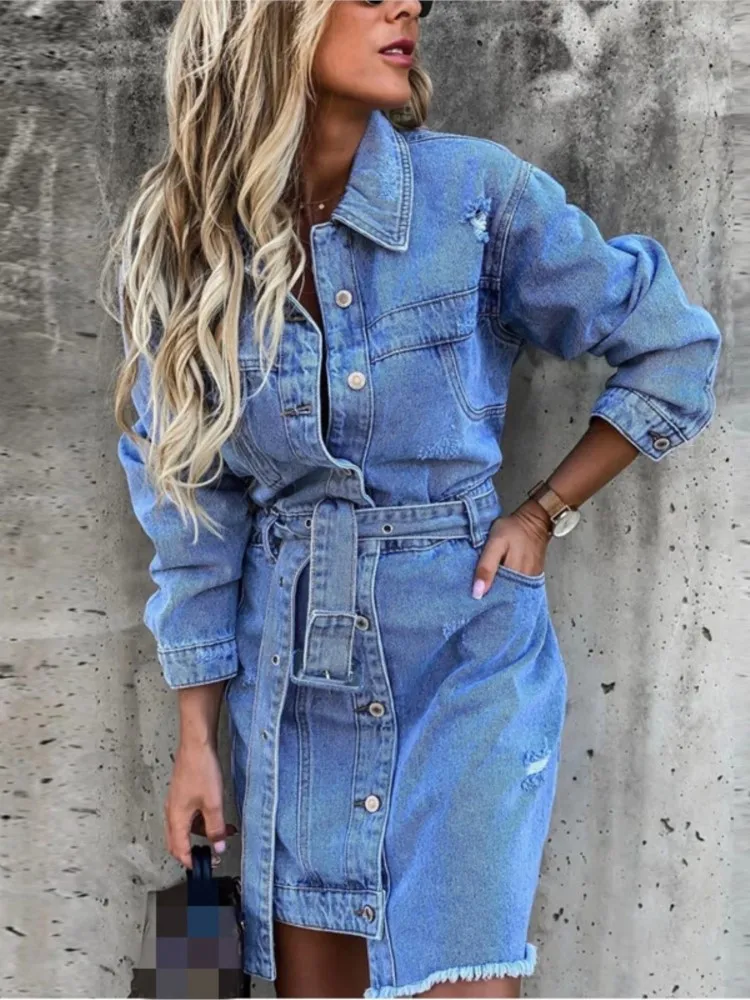 

New Retro Irregular Mini Denim Dresses Autumn Women Casual Lapel Single Breasted Dress With Belt Female Fashion High Streetwear