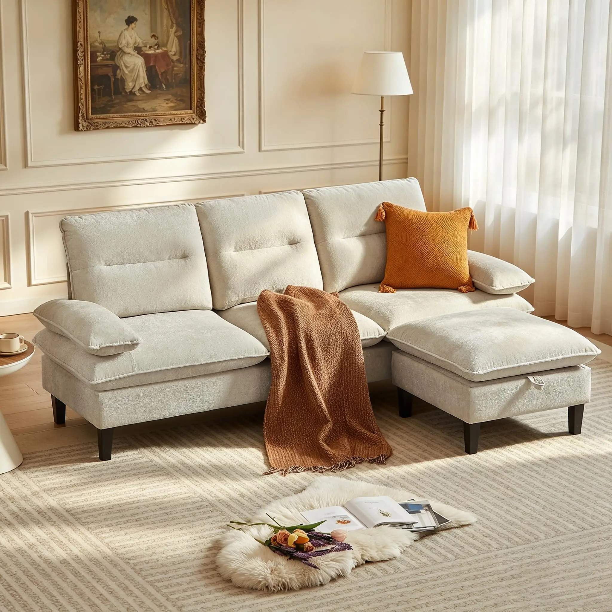 86'' Chenille Sofa with Large Storage Ottoman, Modern Living Room Sofa with Removable Washable Cushion, 3 Seater Comfy