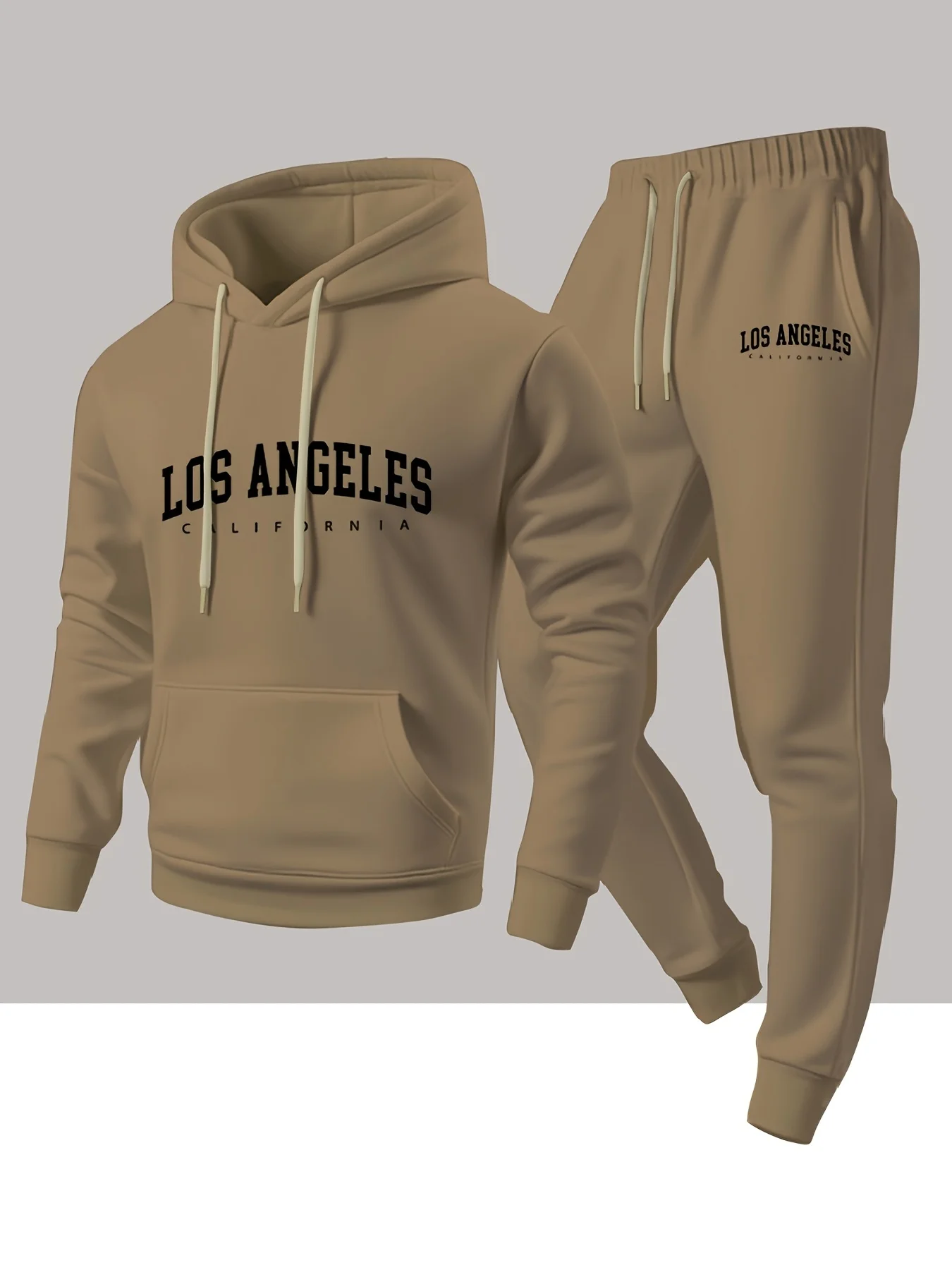 Men 2 Piece Tracksuit Los Angeles Letter Graphic Hoodie + Jogger Pants Set Casual Loose Streetwear Autumn Winter Sportswear Suit