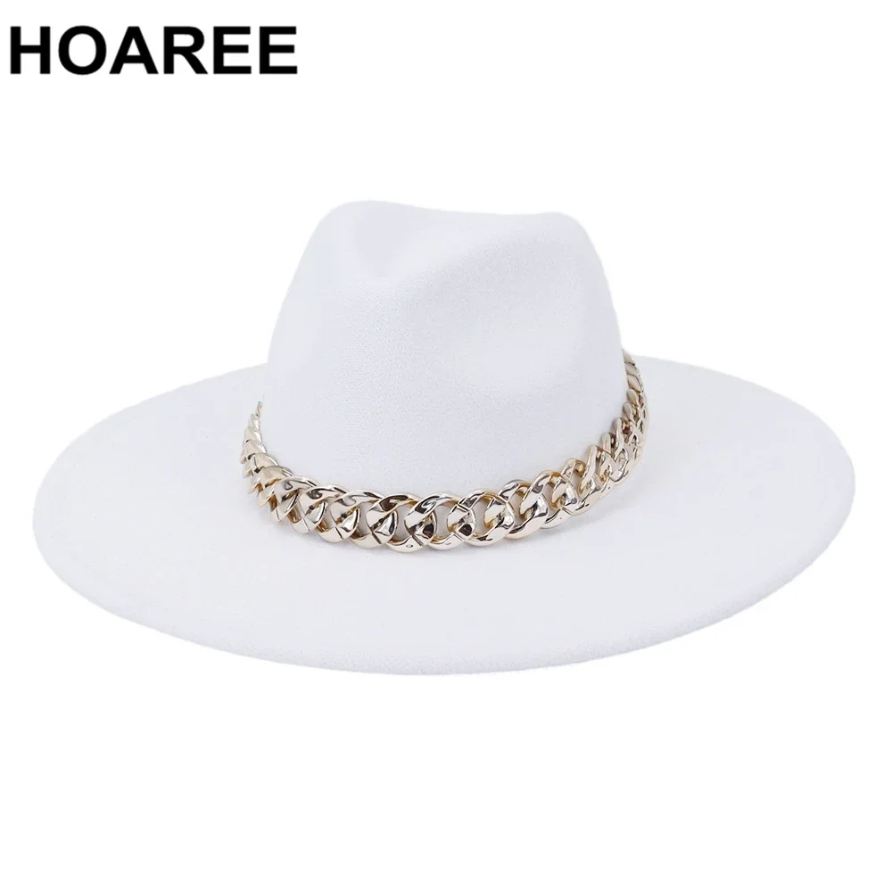 

HOAREE Wide White Hats for Women Fedora Mens Hat Panama British Style Wide Brim Jazz Caps with Golden Chain Belt Vintage Fashion