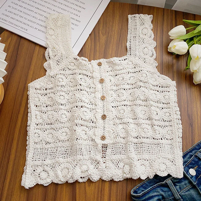 Sheer Crochet Top Embroidery Lace Blouse Sleeveless Button Front Open-knit Cardigan for Women Spring Summer Boho Vacation Outfit