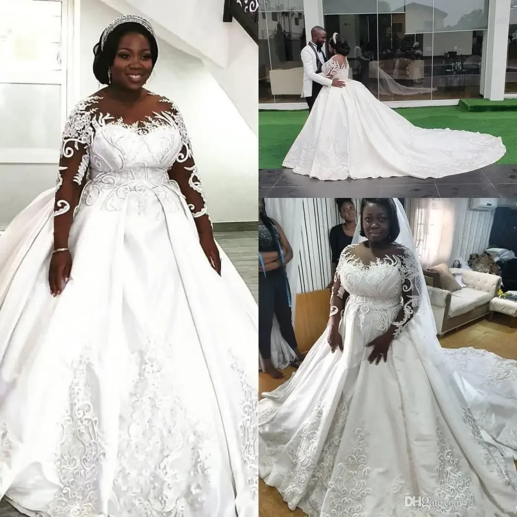 

Customized Dubai Arabic Plus Size Satin Ball Wedding Dresses Elegant Lace Beaded Bridal Gown Sheer Long Sleeves Court Train